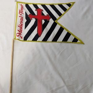 Medieval Times Flag W/Pole Black & White Strip W/Red Design & Lettering